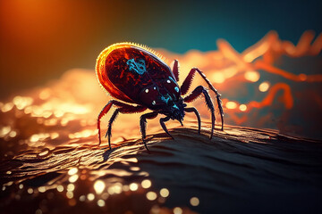 Macro image of tick on body in humans. Perhaps tick is carrier of incipalitis or bareliosis..