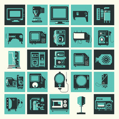 Retro futuristic tech icon set, vector