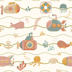 Bright seamless pattern with submarines and marine inhabitants. Designed for printing, fabrics, textiles, postcards. Children's pattern with ships. Marine print. Submarine. Vector illustration