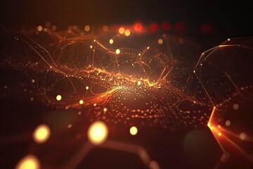 Background of light particles in science fiction with depth of field and bokeh. Particles create an abstract surface grid with lines. V84 red gold illuminated by light. Generative AI