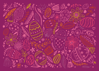 Easter doodle set flowers and eggs isolated. Easter eggs with botanical elements. Funny Happy Easter pattern. Spring holiday. Vector Illustration.