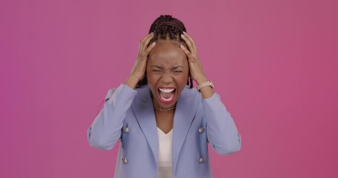 Face, stress and black woman in studio with angry, frustrated and shout against pink background. Grief, portrait and lady with bipolar, ptsd and depression, anger or issue, scream or mental problem