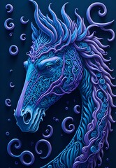 Cute abstract portrait of a seahorse with purple and cyan colors; 3D effect. Generative AI