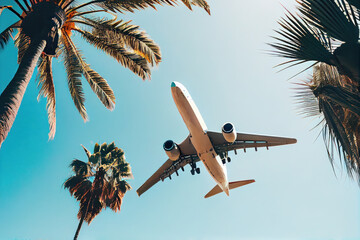 Passenger airplane flying above the tropical palm trees. Bottom view of the aircraft. Generative AI. - obrazy, fototapety, plakaty