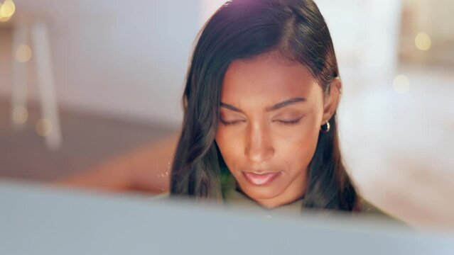 Closeup, business and Indian woman in office, success and online reading for data analysis, social media and email. Zoom, female employee and consultant with ideas, inspiration and project feedback