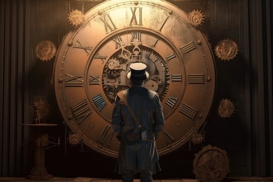 A steampunk-inspired 3D rendered image featuring a man standing in front of a giant clock. Generative AI