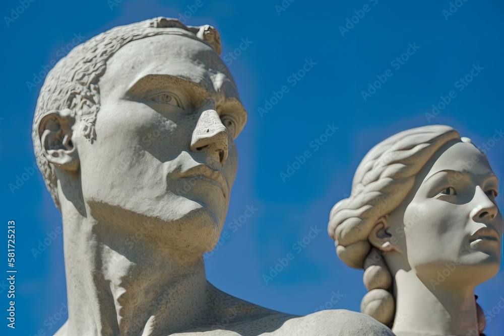 Poster azure sky in the background of a close-up view of a stone lovers statue. generative ai