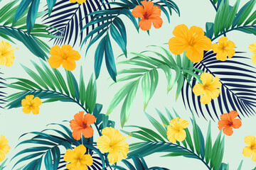 Tropical pattern with green palm leaves and hibiscus flowers. Summer bright vector background or textile illustration.