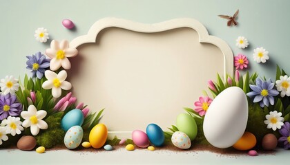 Easter frame decoration background with eggs and flowers 