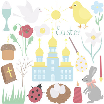 Easter collection of illustrations. Spring set. Color vector clipart. Flat style. Dove, daffodil, church, easter egg, hare. Happy Easter. Isolated background. Idea for web design.