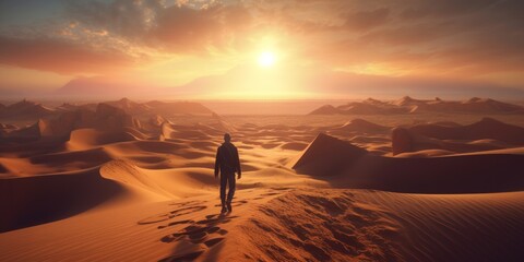 Naklejka na ściany i meble A man gracefully treads through a vast desert covered in golden sand during a breathtaking sunset. Generative AI