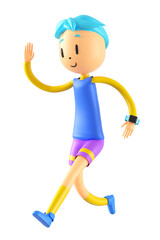 3d boy cartoon character in action. 3d illustrator. sport activity. exercise fitness pose. workout training lifestyle. man player. technology VR connection. gym outdoor. cyberspace object concept.