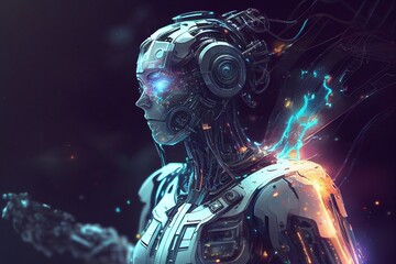 A half-robotic humanoid android showcases the science fiction concept of a technological evolution, merging advanced technology with human imagination. Generative AI.