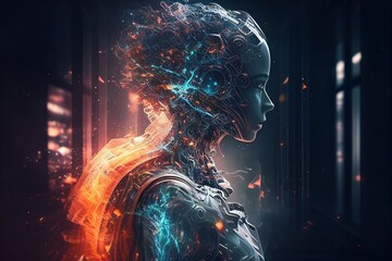 A half-robotic humanoid android, sci-fi idea of human evolution through technological upgrades. Generative AI. 