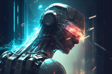 Full metal illustration of humanoid robot head. Sci-Fi art. Generative AI. 