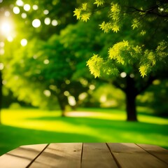 cherry branches, wooden table, in a green garden, with defocused bokeh light and glare effect, spring background, fantasy, generated in AI