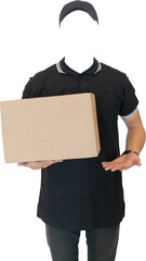 a man holding a cardboard box with the other hand raised in half, without a face without a head and wearing a hat so that it can be easily replaced with another model