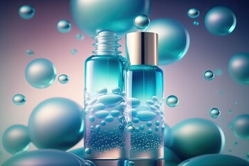 Blue Serum cosmetics bubbles against a blurred background. Design of collagen bubbles. Essentials of Moisturizing and Serum Concept. Concept of vitamins for beauty and health. Generative AI