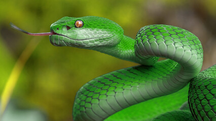 Green viper snake in close up 