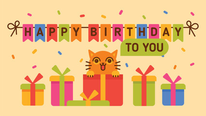 Happy Birthday to You. Cat in gift box. Greeting card