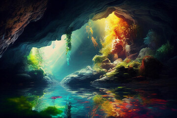 Inside the cave with colorful background. Generative AI.