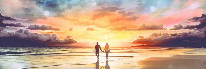 Couple holding hands on the beach, sunset golden hour, vast panoramic cloudscape, summer vacation, in love enjoying the moment, standing on the shore - generative AI 