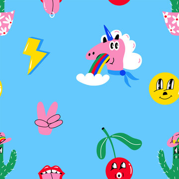 Groovy seamless patterns. Cartoon funky print with unicorn, cactus, cowboy, tongue, cherry. Retro 70s background. Vector illustration for wallpaper, paper, factory, packaging, textile.