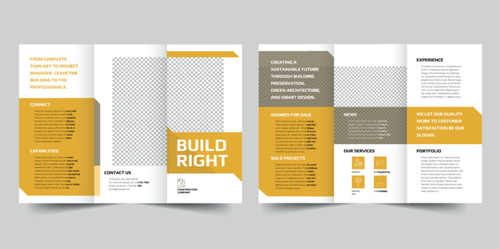 Construction Company   trifold brochure template. A clean, modern, and high-quality design tri fold brochure vector design. Editable and customize template brochure