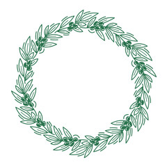 Olive branches circle frame floral ornament. Line pattern background. Editable outline stroke. Vector line.