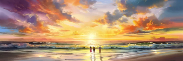 Zelfklevend Fotobehang Family on the beach, sunset golden hour, vast panoramic cloudscape, summer vacation, enjoying the moment, standing on the shore - generative AI  © SoulMyst