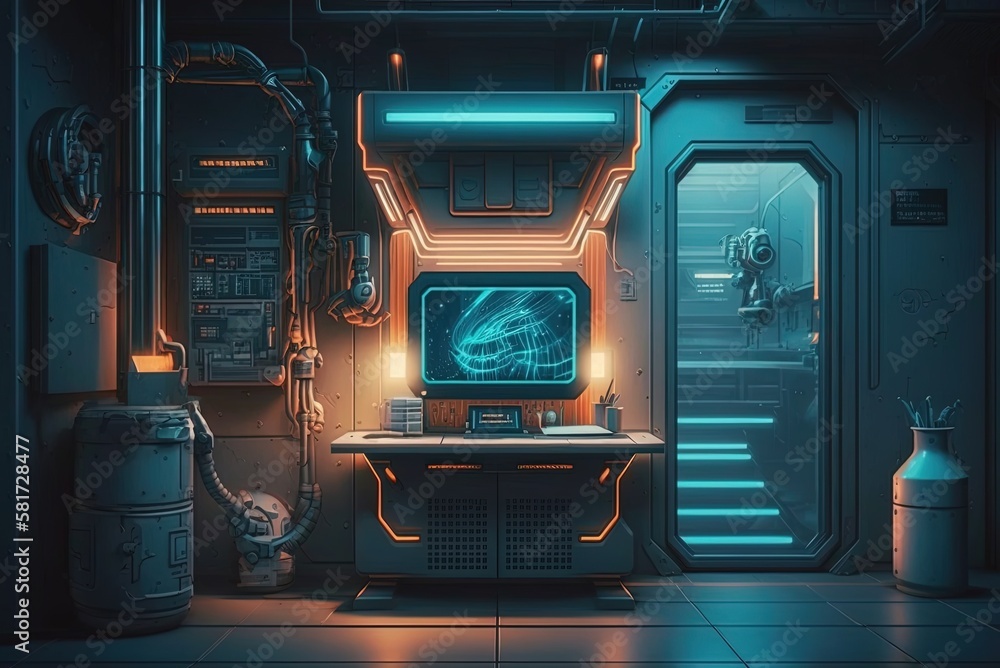Poster cyberpunk presentation setting: an internal spaceship laboratory and an empty podium generative ai