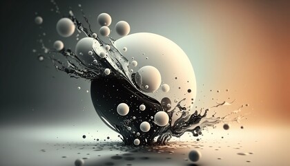 Liquid splash with black and white balloons. Matte blurred background.