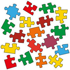 Colorful jigsaw puzzle pieces on white. Popular children toy vector illustration.