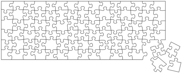White editable puzzle pieces jigsaw parts with black frame on separate layouts. 