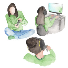 Watercolor teenager girl play in computed.Gamer teenager isolated on white background.