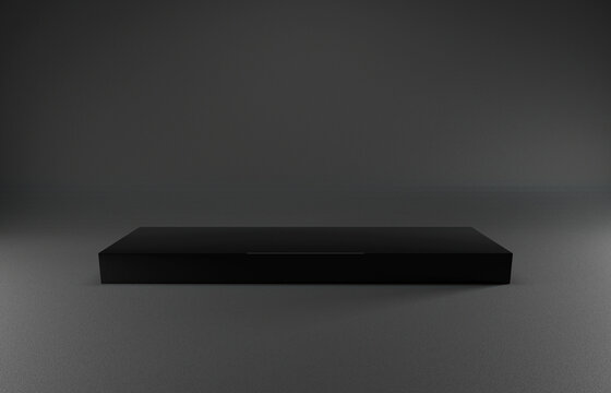 Black gloss podium or pedestal display on semi matte black background with long platform. Blank product shelf standing backdrop. 3D rendered. Three point lighting. © RTMC