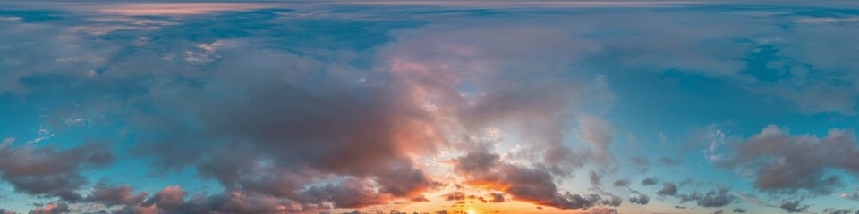 Dark blue sunset sky panorama with pink Cumulus clouds. Seamless hdr 360 panorama in spherical...