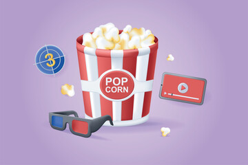 Popcorn in cinema concept 3D illustration. Icon composition with popcorn in bucket, movie glasses, video player in mobile phone screen, show entertainment. Vector illustration for modern web design