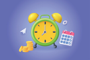 Time management concept 3D illustration. Icon composition with clock, calendar and stacks of coins. Organization of workflow, planning tasks and deadlines. Vector illustration for modern web design