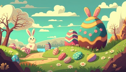 Cute Cartoon Easter Background Banner, Generative AI