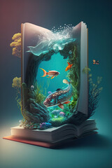Open book with splashing magic underwater world with marine life, fairytale, storytelling concept, World book Day,  Encyclopedia of the underwater world, Fantasy and literature AI Generative
