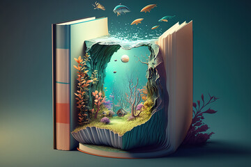 Open book with splashing magic underwater world with marine life, fairytale, storytelling concept, World book Day,  Encyclopedia of the underwater world, Fantasy and literature AI Generative