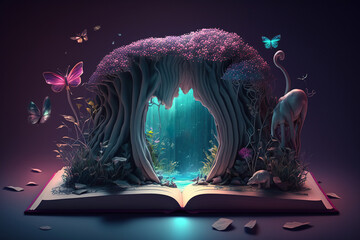 Open book with splashing magic landscapes nature world , fairytale, storytelling concept, World book Day, Encyclopedia of beautiful nature, Fantasy and literature AI Generative
