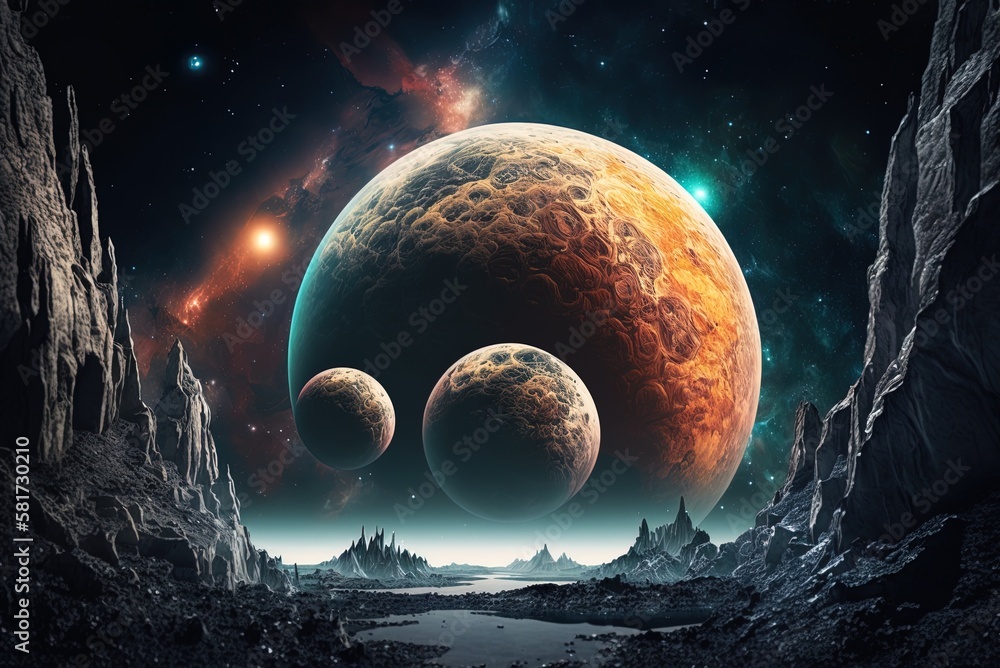 Poster digital artwork depicting a huge planet and its three moons generative ai