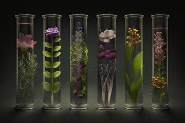 Test tubes filled with flowers and plants for a scientific experiment. Generative AI
