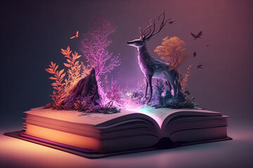 Flying Open book with splashing magic nature world with animals, fairytale, storytelling concept, World book Day, Encyclopedia of wild animals,  Fantasy and literature AI Generative