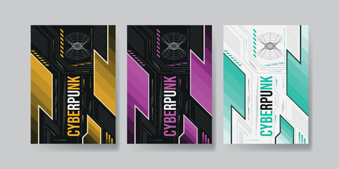 set of Cyberpunk poster with Hud elements, Cyberpunk Futuristic High Technology Banner.