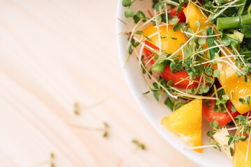 Vegetable salad with microgreens on a wooden table.