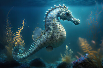 Fototapeta na wymiar Seahorse fish in a coral reef, illustration generative AI