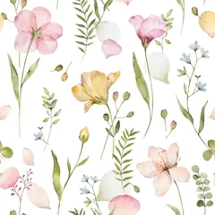 Deurstickers Aquarel prints Blossom spring flowers seamless pattern fabric background, textile or wallpapers in provence style. Floral pattern with abstract flowers, leaves and berries. Watercolor illustration.